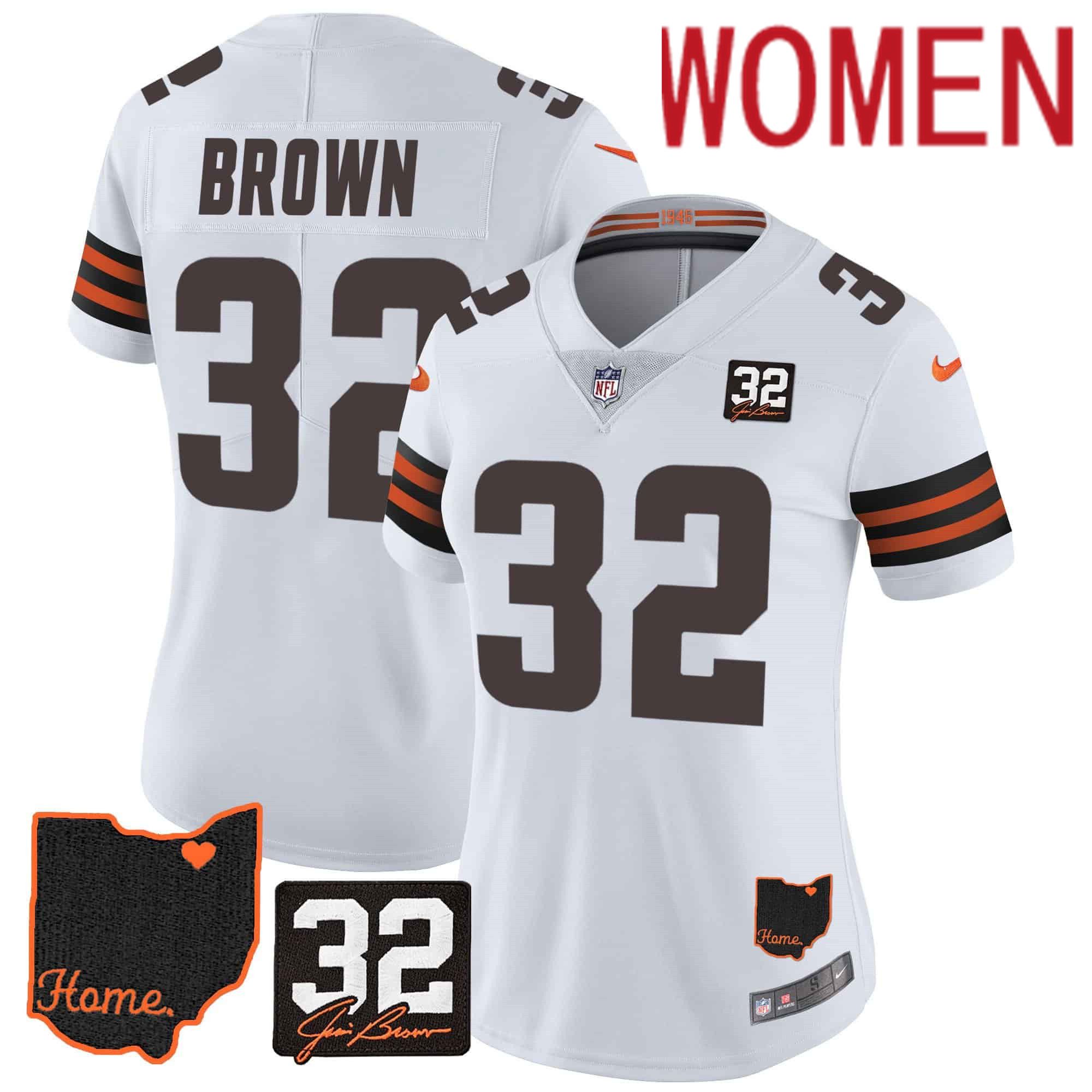 Women Cleveland Browns #32 Brown White Memorial Home Patch 2024 Nike NFL Jersey
